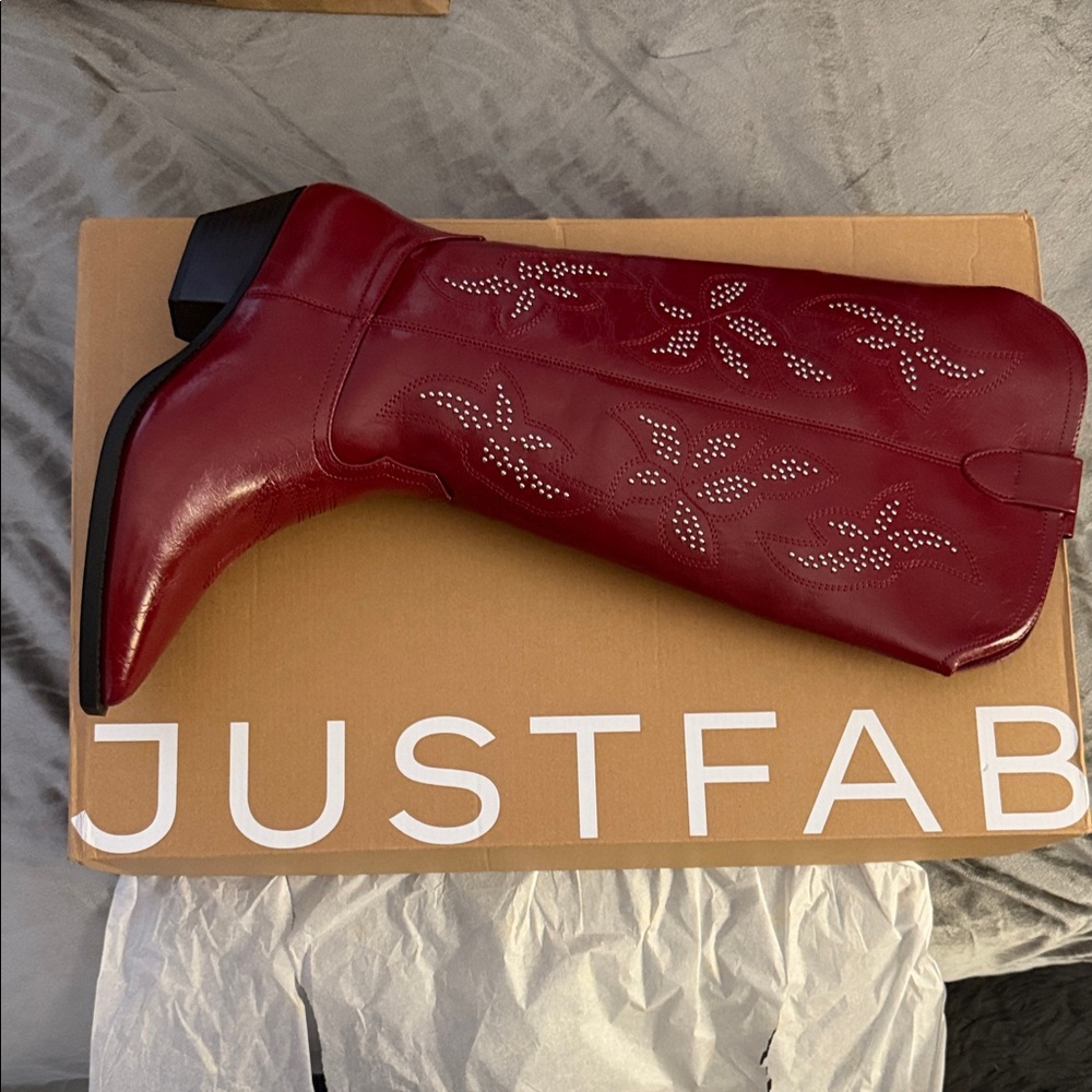 JustFab Burgundy Heeled Boots with Embellishments - Picture 7 of 11